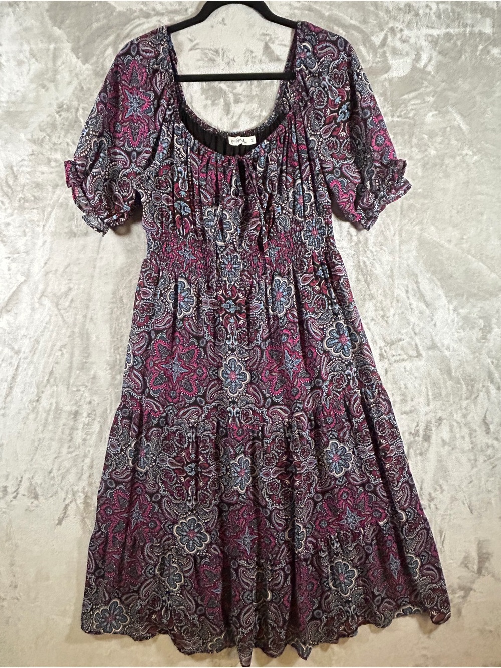 Smocked Paisley Midi Dress in Purple